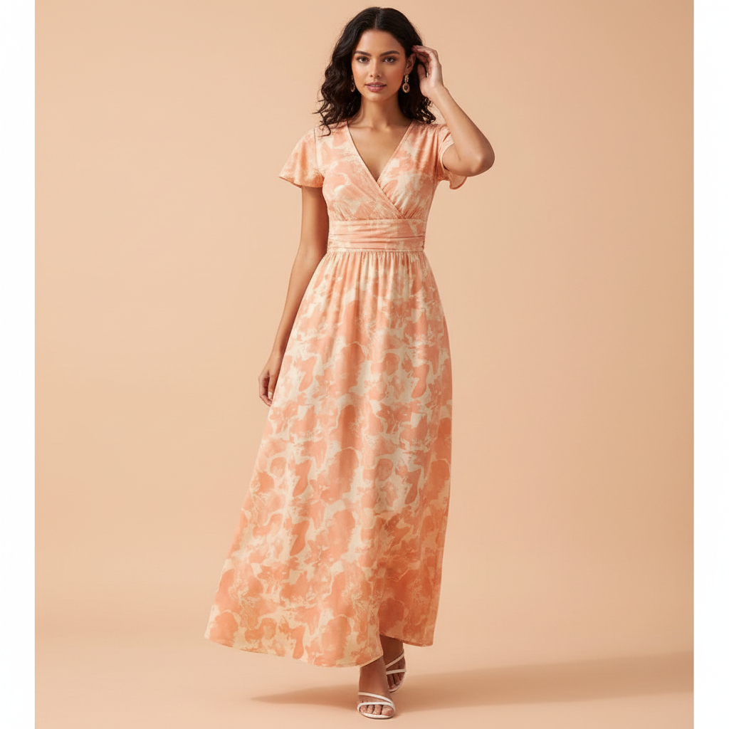 Abstract Floral Maxi Dress – V-Neck Summer Style in Blue & Rose Pink