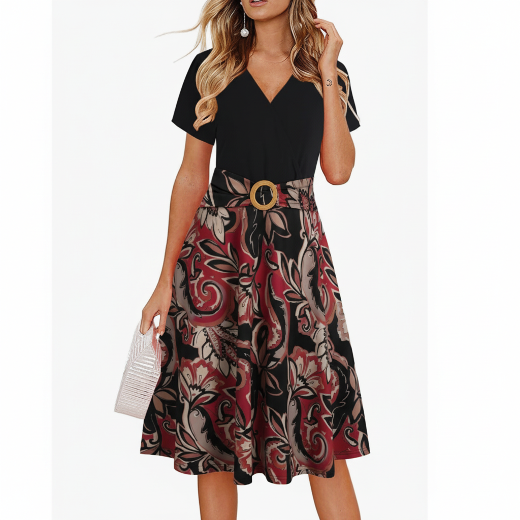 Belted Black & Beige Floral Midi Dress – Elegant V-Neck Casual Chic Style