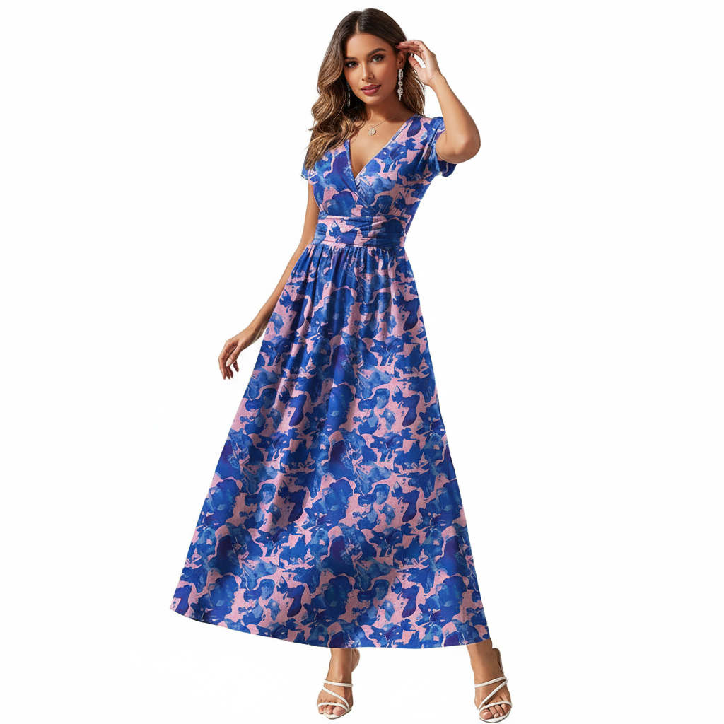 Abstract Floral Maxi Dress – V-Neck Summer Style in Blue & Rose Pink