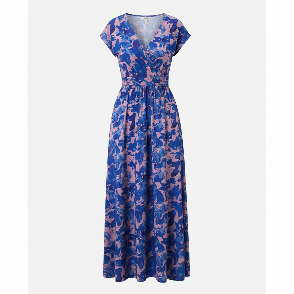 Abstract Floral Maxi Dress – V-Neck Summer Style in Blue & Rose Pink