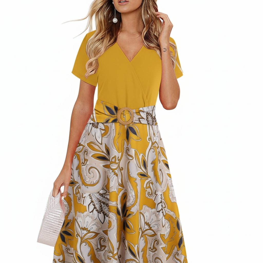 Belted Black & Beige Floral Midi Dress – Elegant V-Neck Casual Chic Style