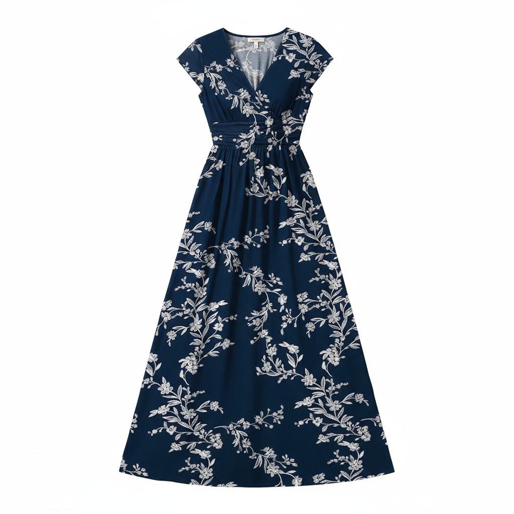 HEAVENWEAR Elegant Navy Floral Print Maxi Dress – Soft V-Neck, Slim Waist, Flowy Summer Style