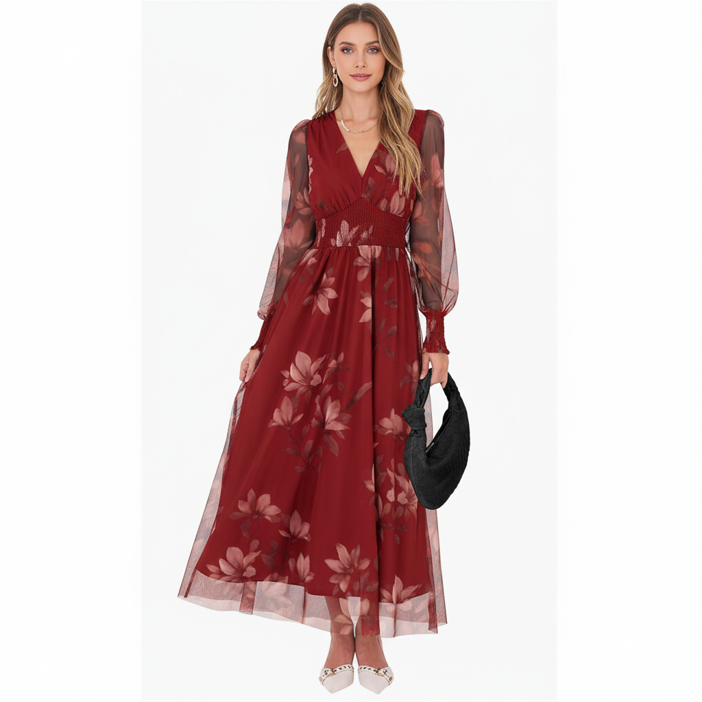 Rose Blossom Chiffon Maxi Dress – Sheer Sleeve Floral Evening Elegance