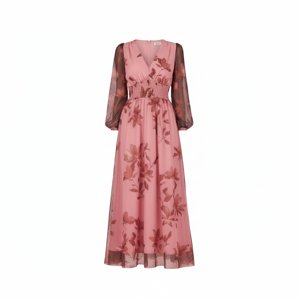 Rose Blossom Chiffon Maxi Dress – Sheer Sleeve Floral Evening Elegance