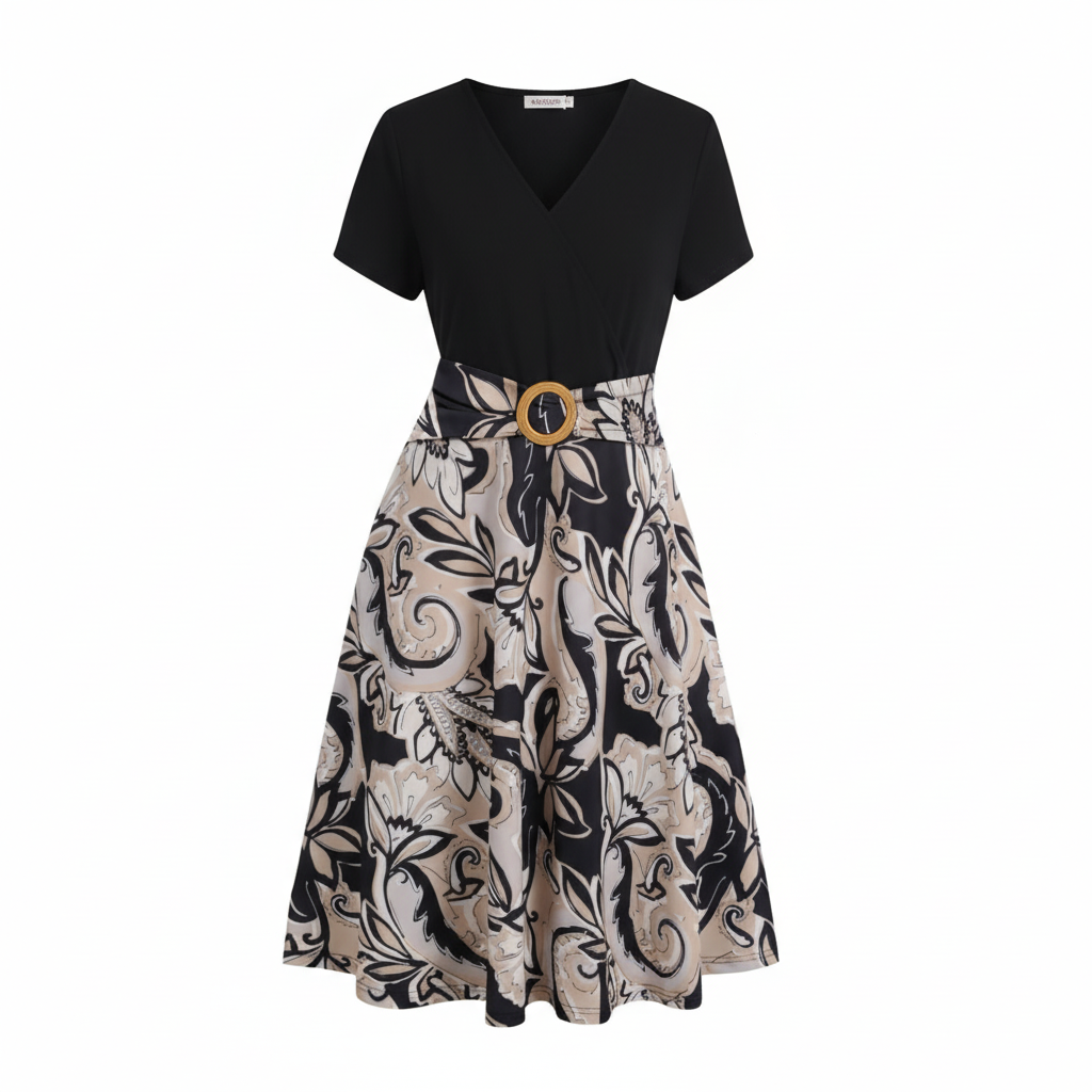 Belted Black & Beige Floral Midi Dress – Elegant V-Neck Casual Chic Style