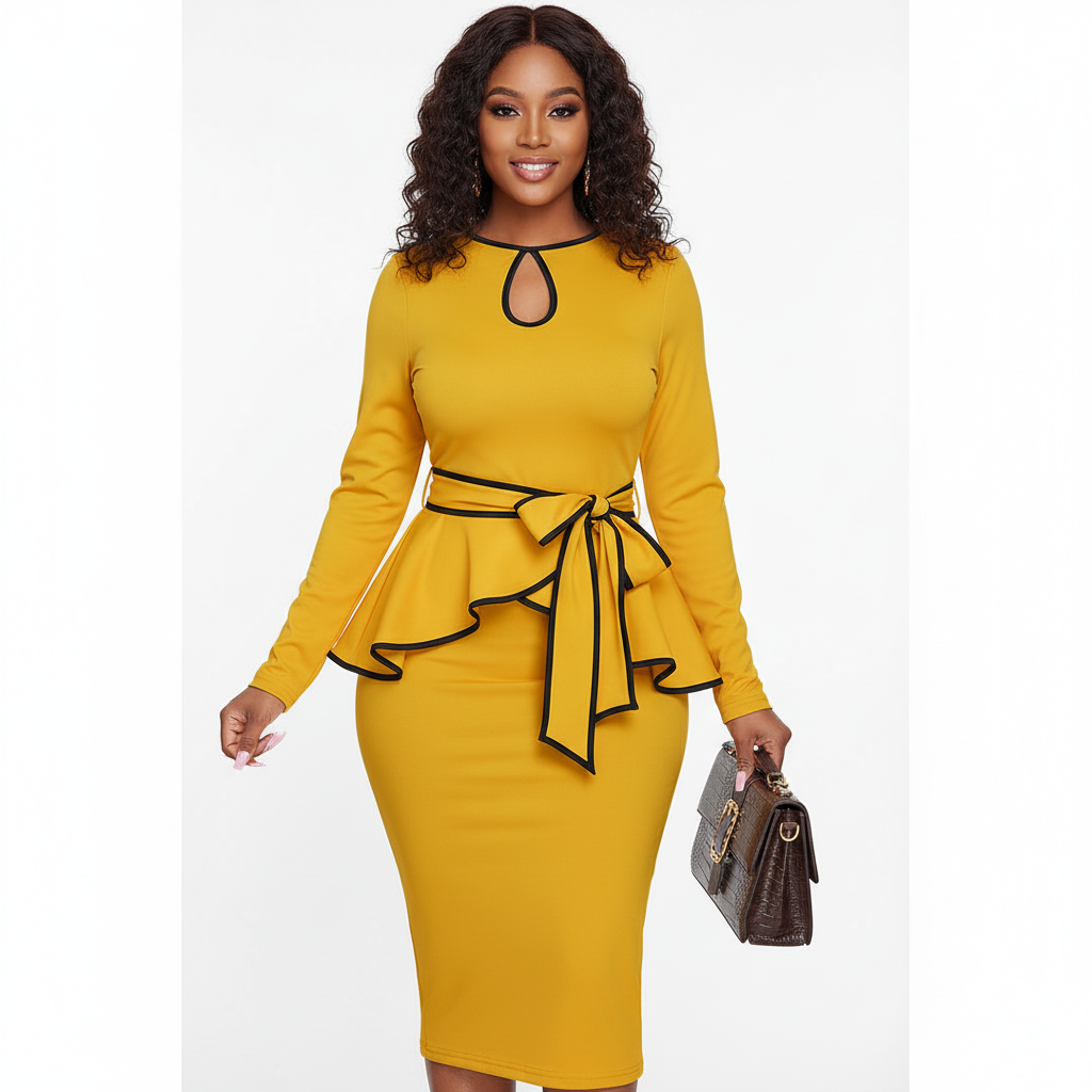 Linea Pure Elegant Burgundy Peplum Belted Midi Dress – Long Sleeve Bodycon Style