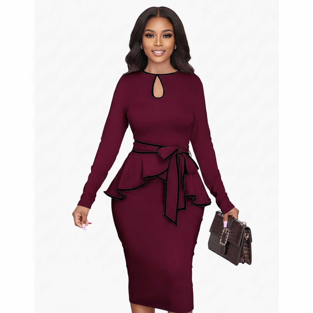 Linea Pure Elegant Burgundy Peplum Belted Midi Dress – Long Sleeve Bodycon Style