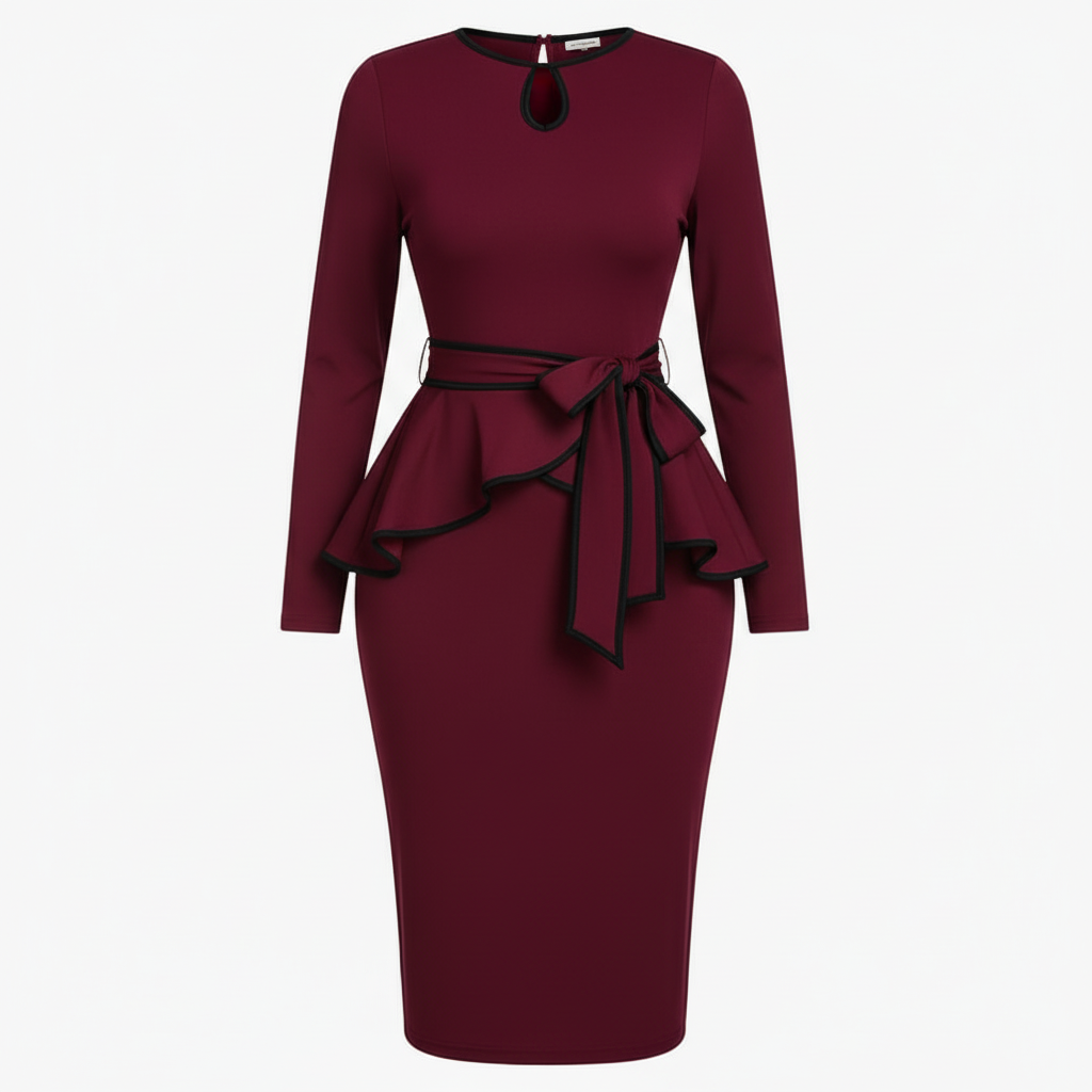 Linea Pure Elegant Burgundy Peplum Belted Midi Dress – Long Sleeve Bodycon Style