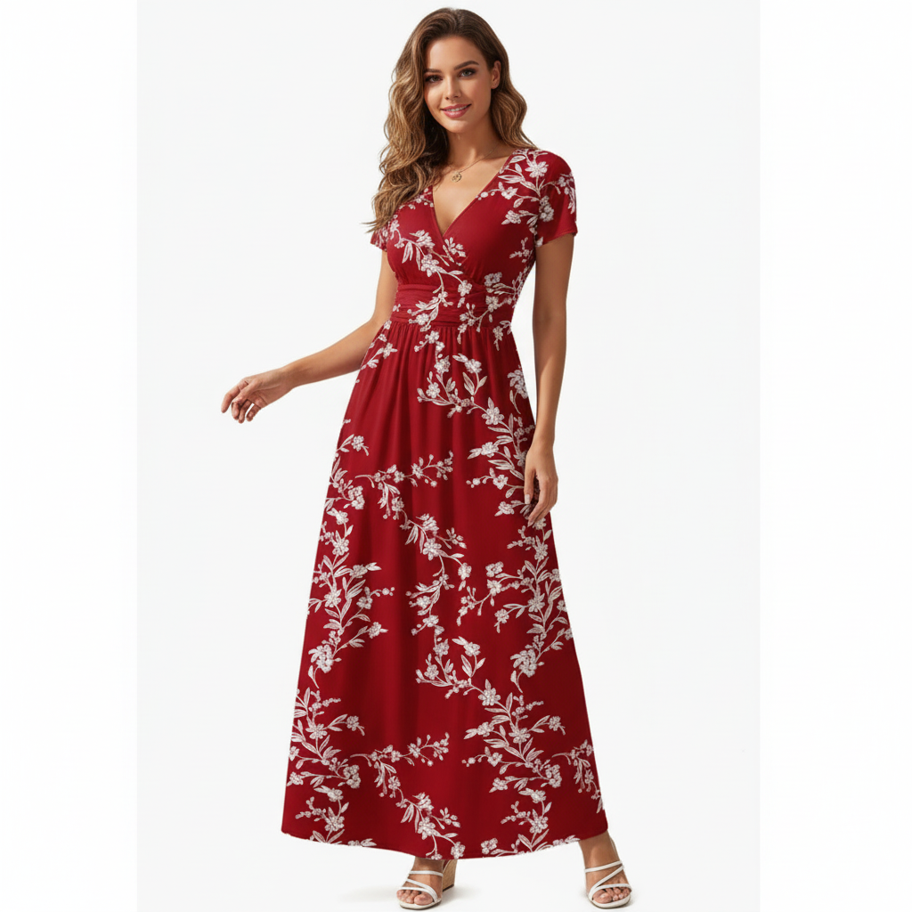 HEAVENWEAR Elegant Navy Floral Print Maxi Dress – Soft V-Neck, Slim Waist, Flowy Summer Style
