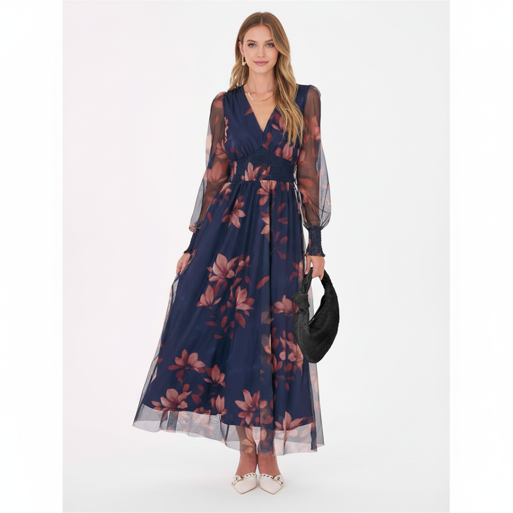 Rose Blossom Chiffon Maxi Dress – Sheer Sleeve Floral Evening Elegance