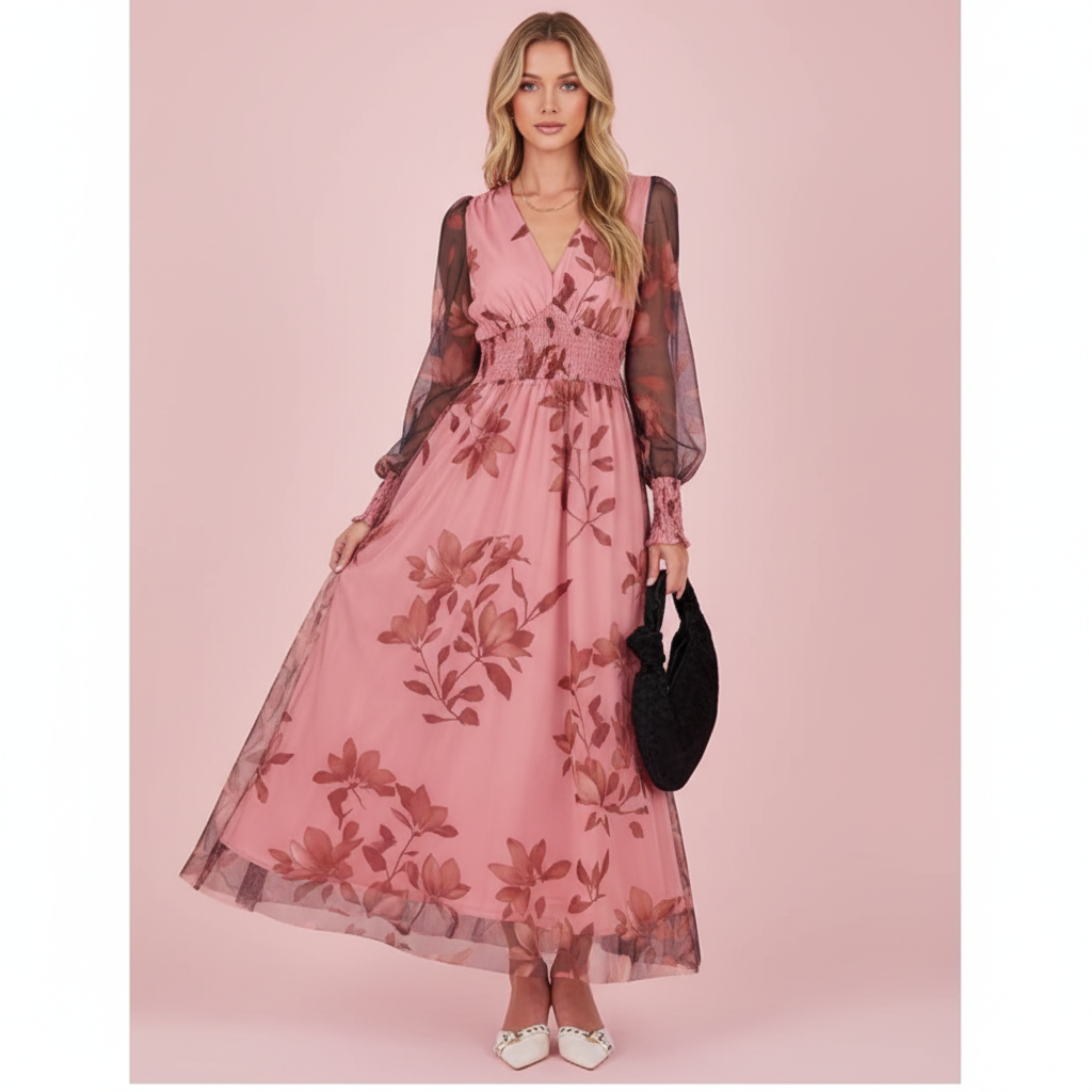 Rose Blossom Chiffon Maxi Dress – Sheer Sleeve Floral Evening Elegance