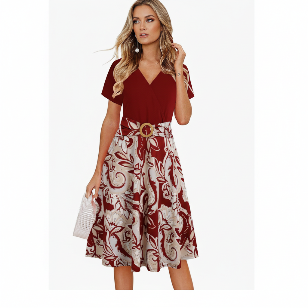 Belted Black & Beige Floral Midi Dress – Elegant V-Neck Casual Chic Style