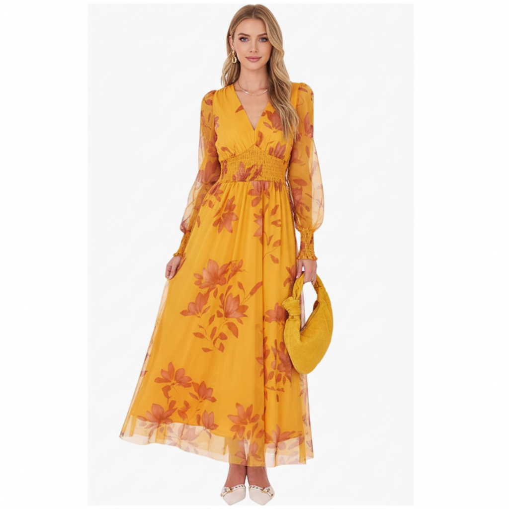 Rose Blossom Chiffon Maxi Dress – Sheer Sleeve Floral Evening Elegance